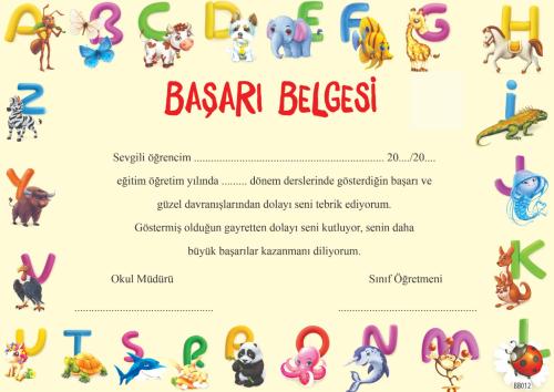 (5 Adet) Anaokulu-İlkokul Başarı Belgesi 1. Hamur Kalın Gramajlı Karton BB012(Tek Yön/Renkli Baskı )