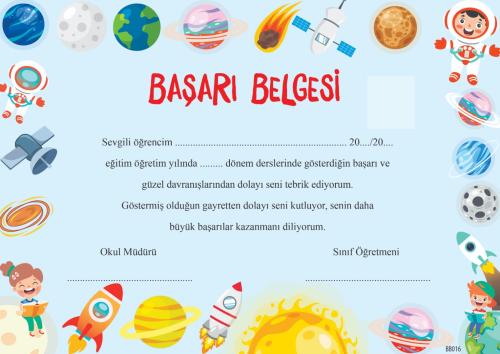 (10 Adet) Anaokulu-İlkokul Başarı Belgesi 1. Hamur Kalın Gramajlı Karton BB016(Tek Yön/Renkli Baskı )